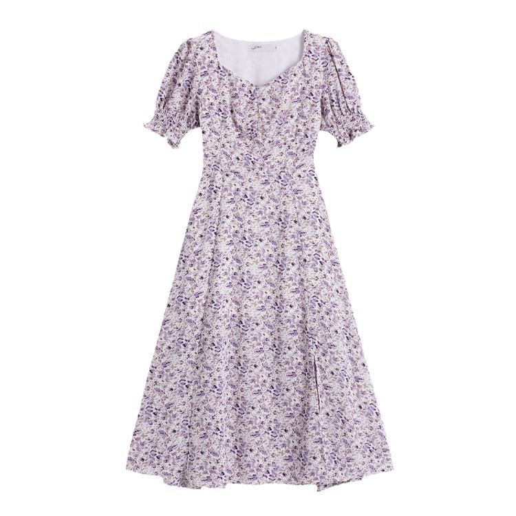 Midi Slit Floral Puff-Sleeve Dress A-Line