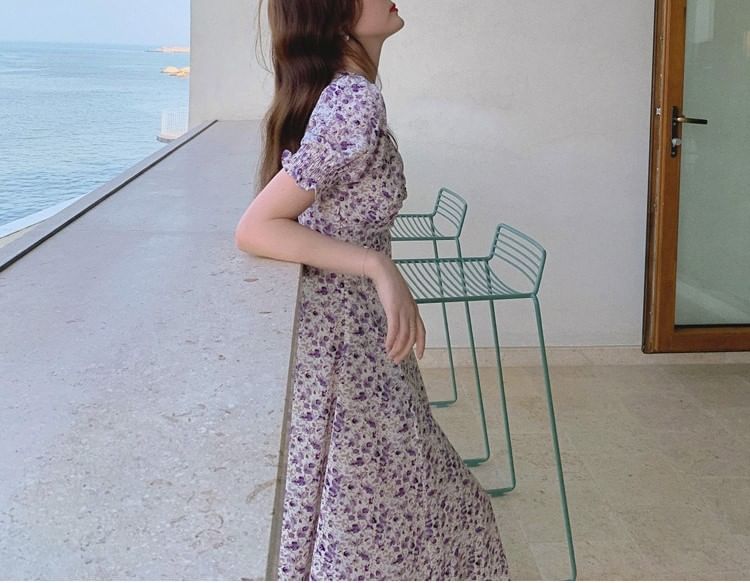 Midi Slit Floral Puff-Sleeve Dress A-Line