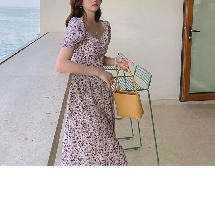 Midi Slit Floral Puff-Sleeve Dress A-Line