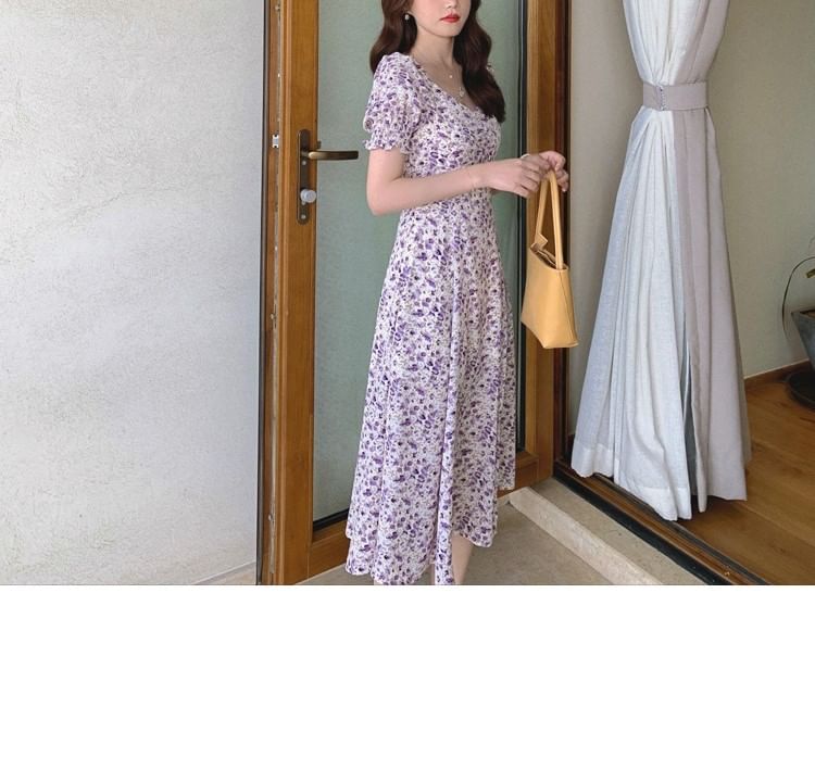 Midi Slit Floral Puff-Sleeve Dress A-Line