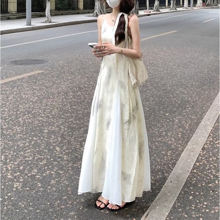 Print A-Line Spaghetti Strap Dress Midi