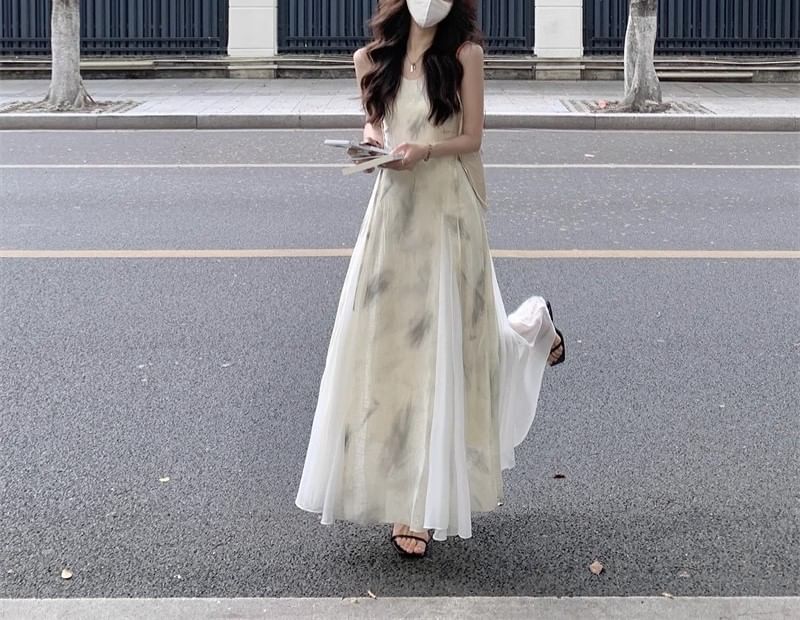 Print A-Line Spaghetti Strap Dress Midi