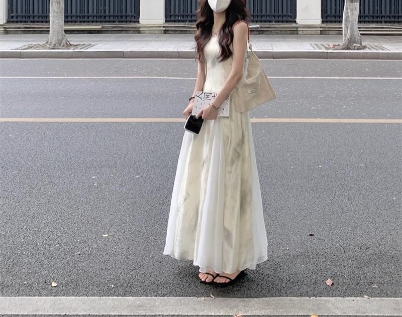 Print A-Line Spaghetti Strap Dress Midi