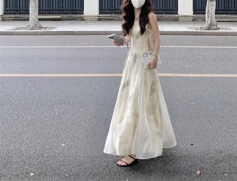 Print A-Line Spaghetti Strap Dress Midi