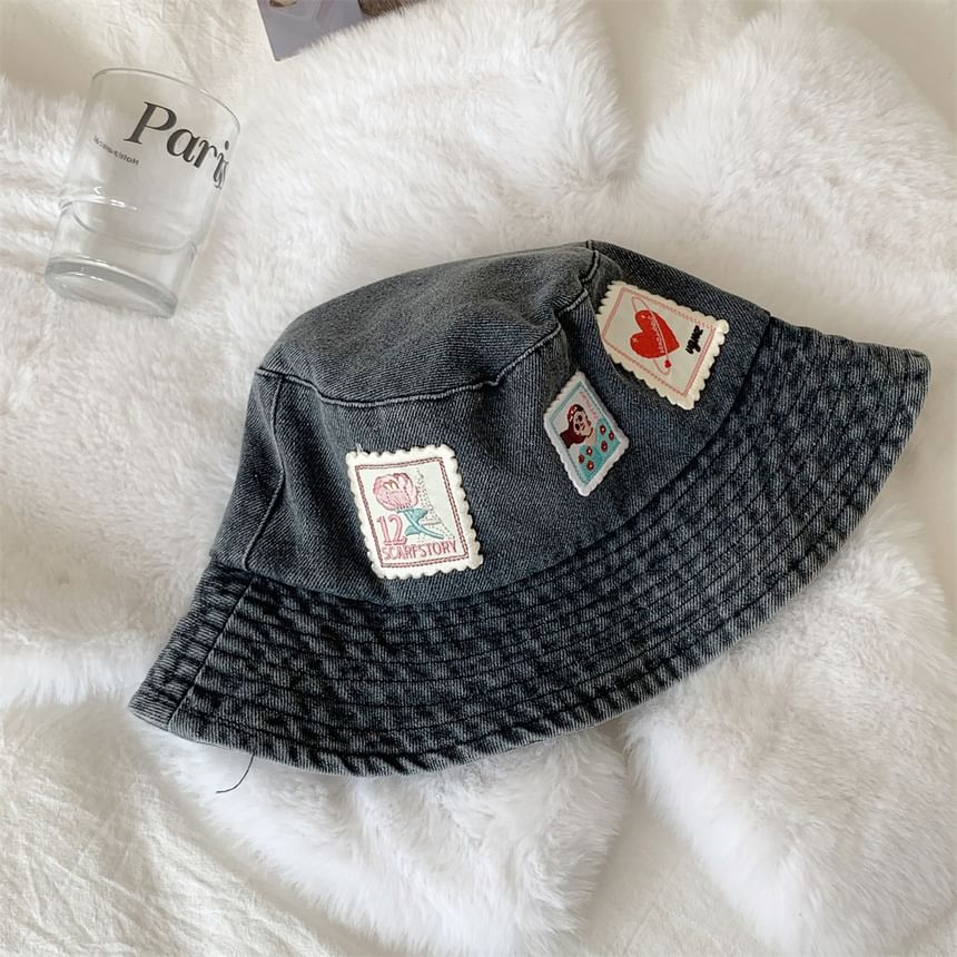 Applique Hat Denim Washed Bucket
