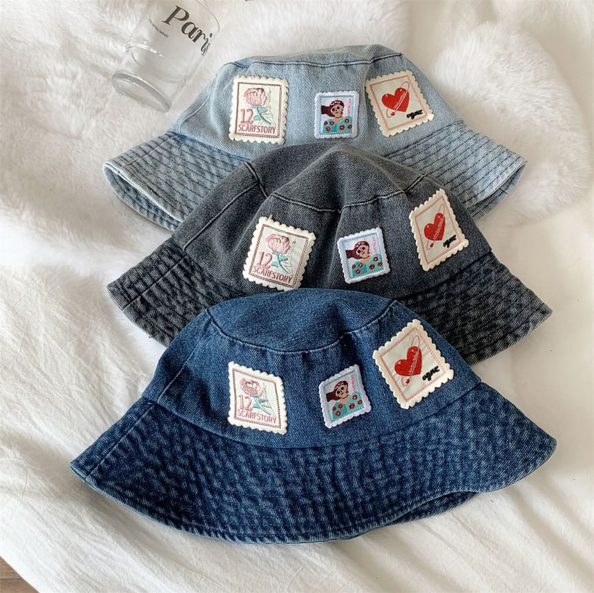Applique Hat Denim Washed Bucket