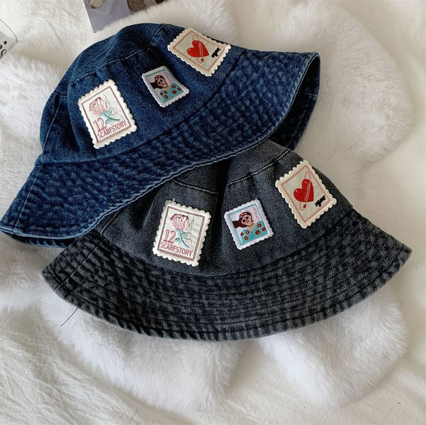 Applique Hat Denim Washed Bucket