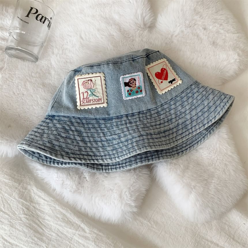 Applique Hat Denim Washed Bucket