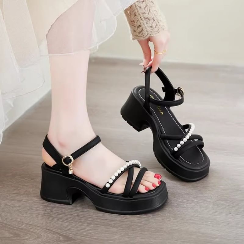Pearl Block Faux Sandals Heel Platform