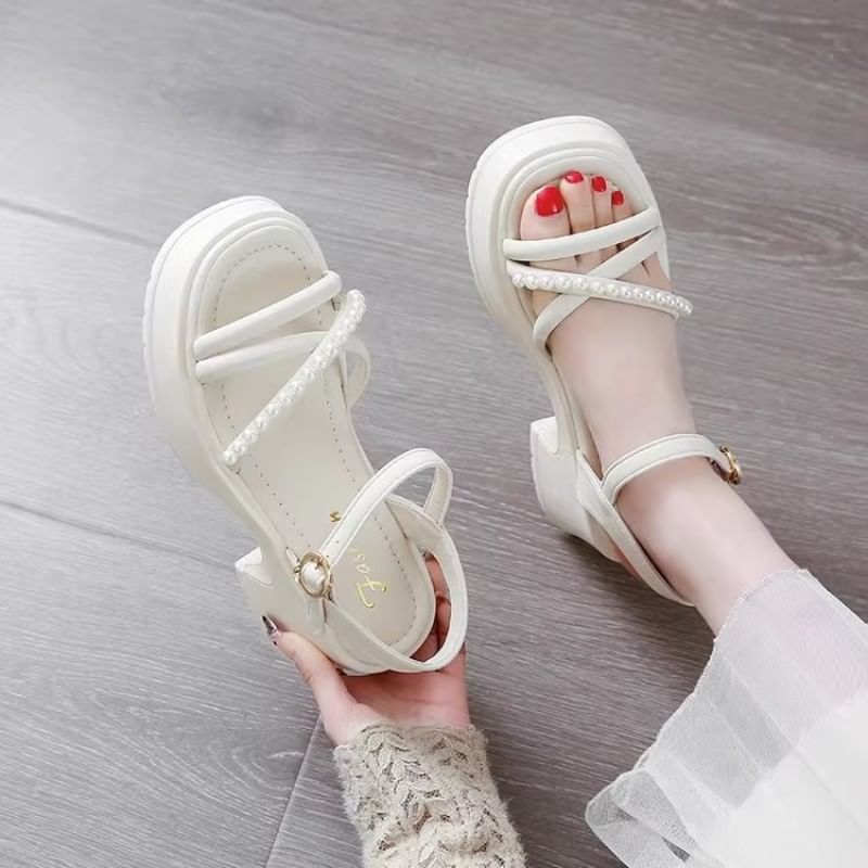 Pearl Block Faux Sandals Heel Platform