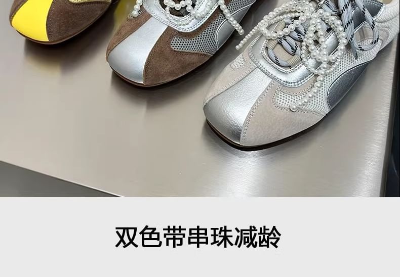 Bow Sneakers Square Toe Mesh Panel Beaded