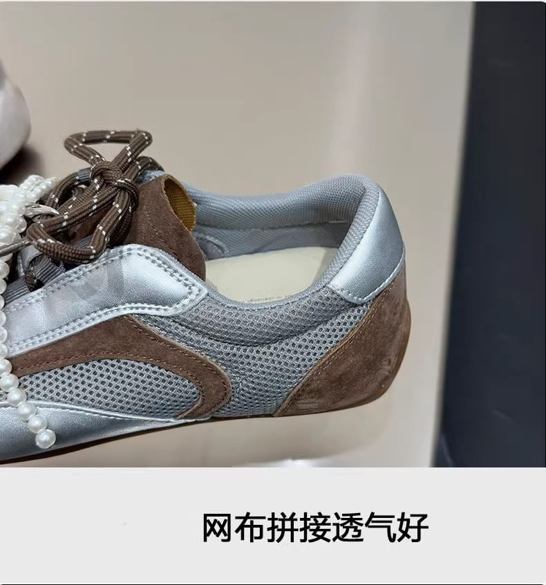 Bow Sneakers Square Toe Mesh Panel Beaded