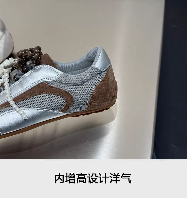 Bow Sneakers Square Toe Mesh Panel Beaded