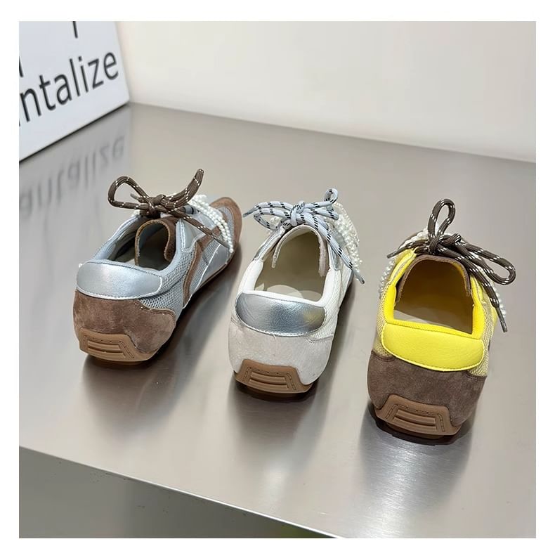 Bow Sneakers Square Toe Mesh Panel Beaded