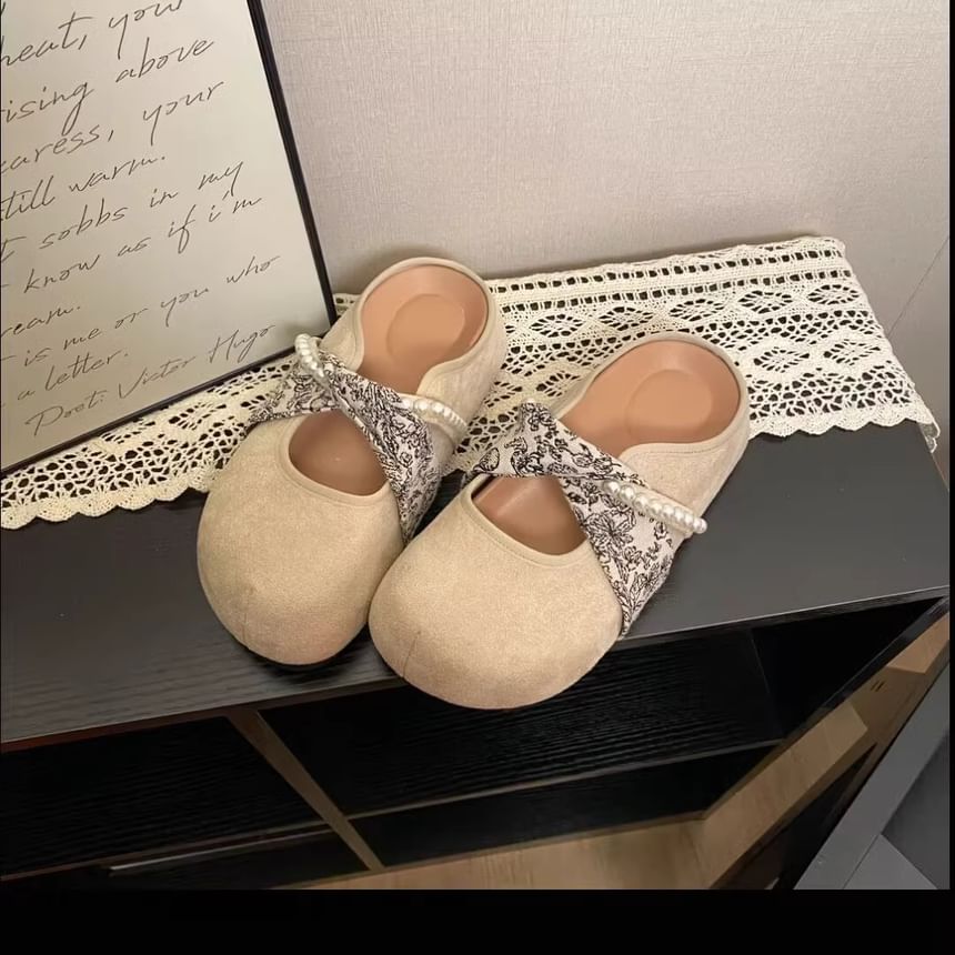 Floral Panel Mules Jane Print Pearl Faux Mary