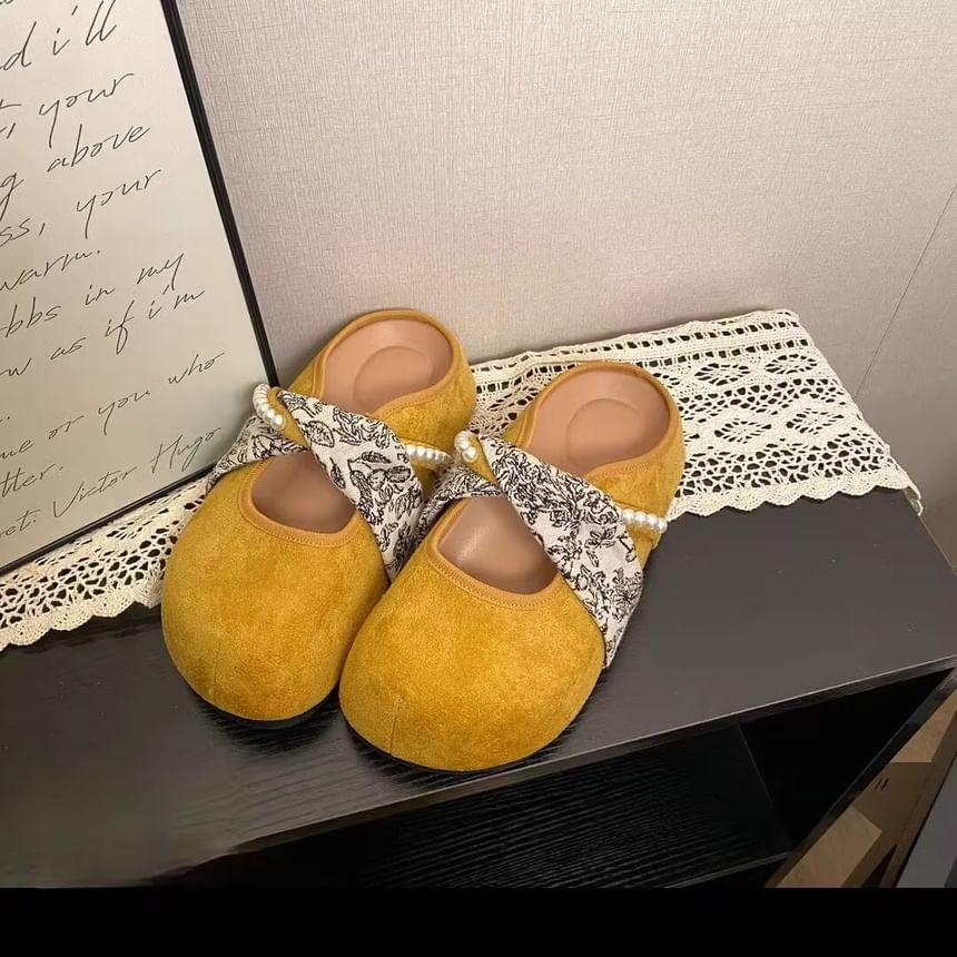 Floral Panel Mules Jane Print Pearl Faux Mary