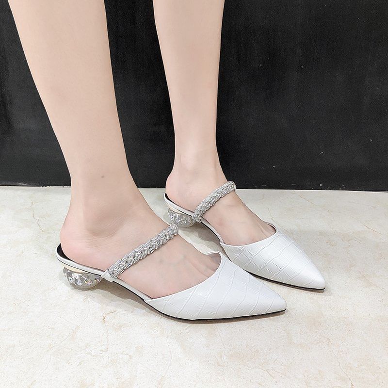 Heel Mules Rhinestone Low Pointed