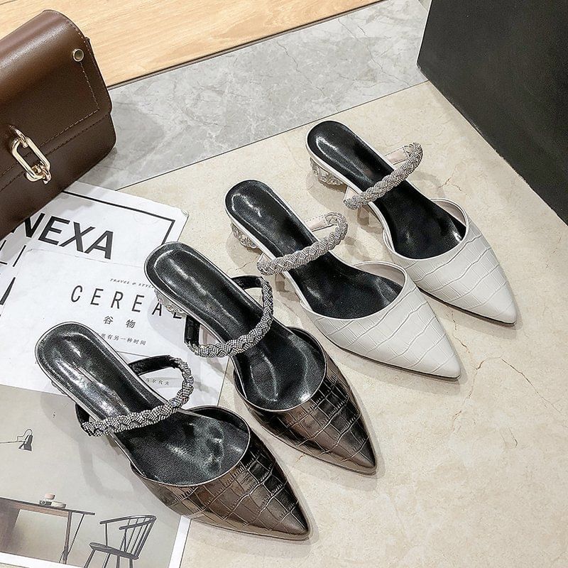 Heel Mules Rhinestone Low Pointed