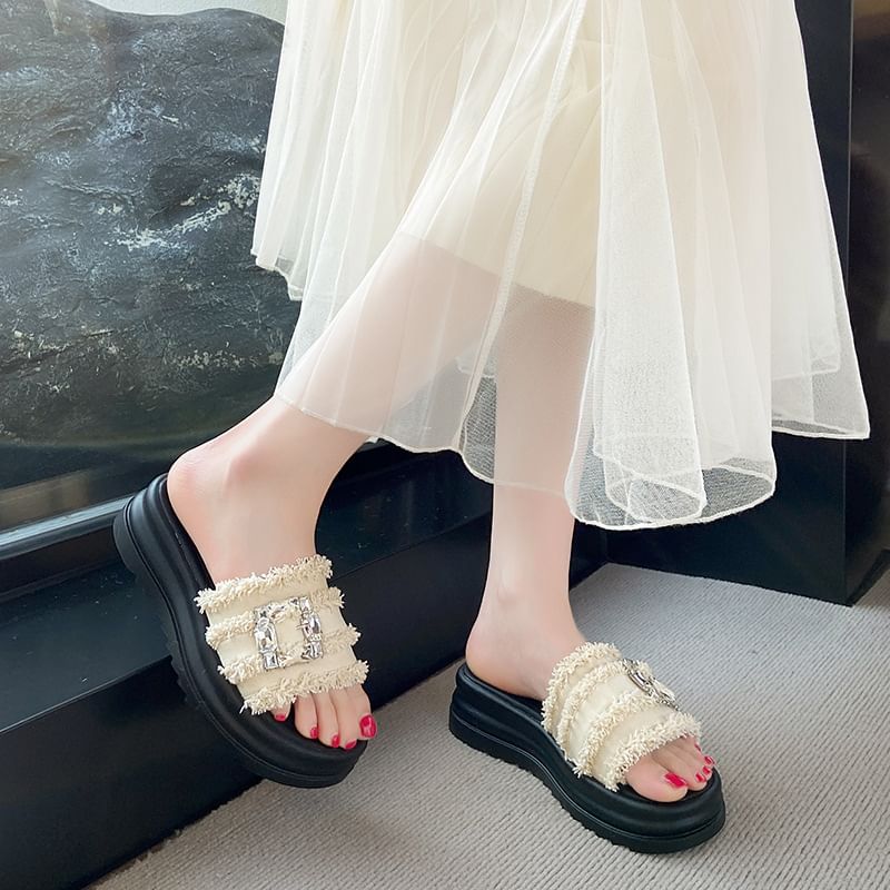 Sandals Trim Buckled Slide Fringed Platform Rhinestone