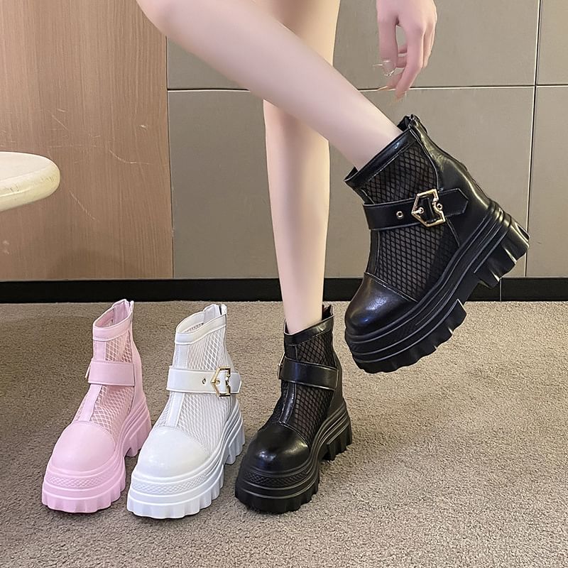 Buckled Short Panel Mesh Heel Platform Chunky Boots