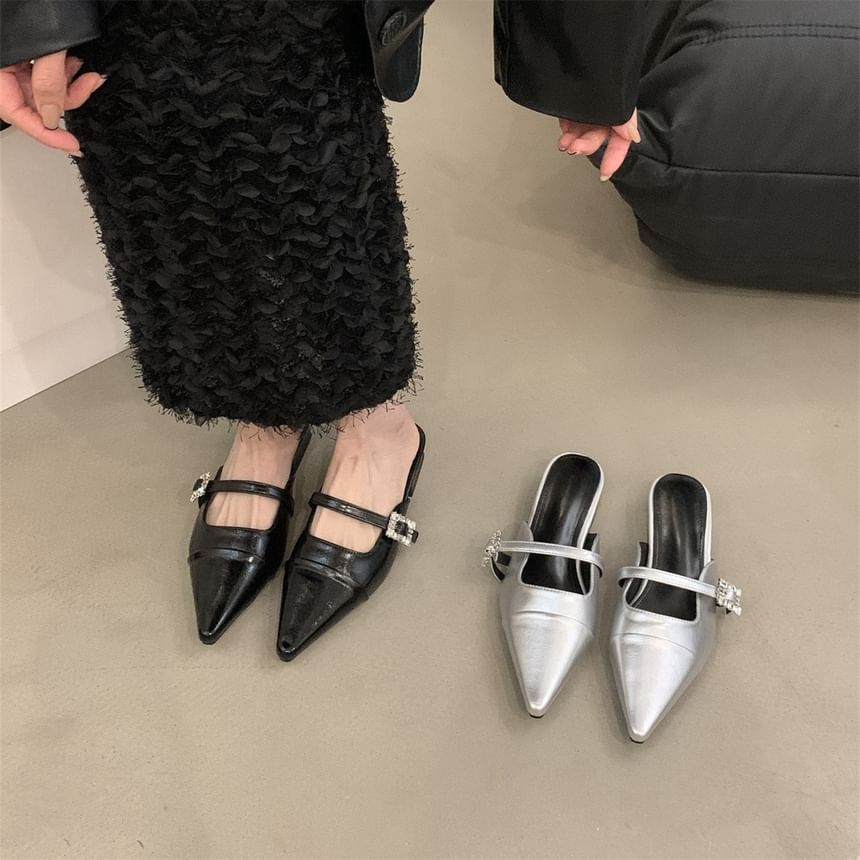 Chunky Toe Pointed Buckled Heel Mules