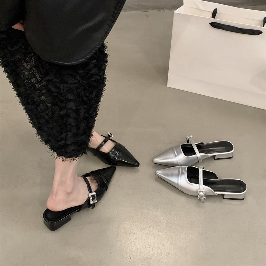 Chunky Toe Pointed Buckled Heel Mules