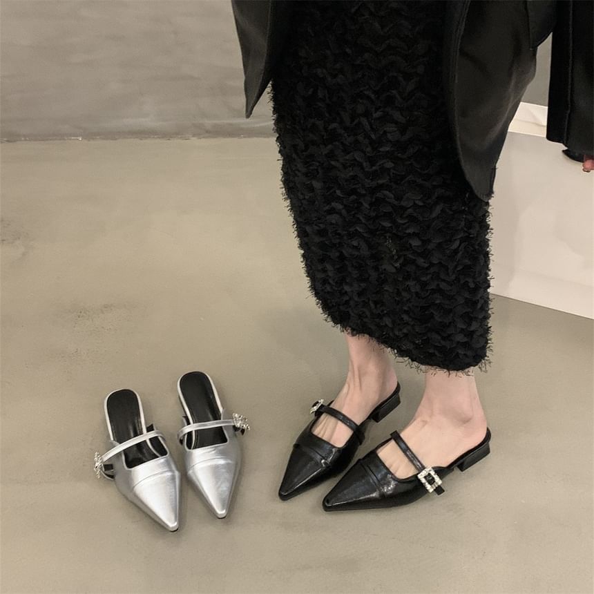 Chunky Toe Pointed Buckled Heel Mules