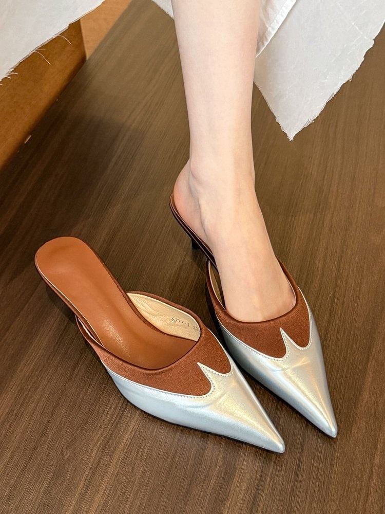 Two Kitten Heel Pointed Mules Toe Tone