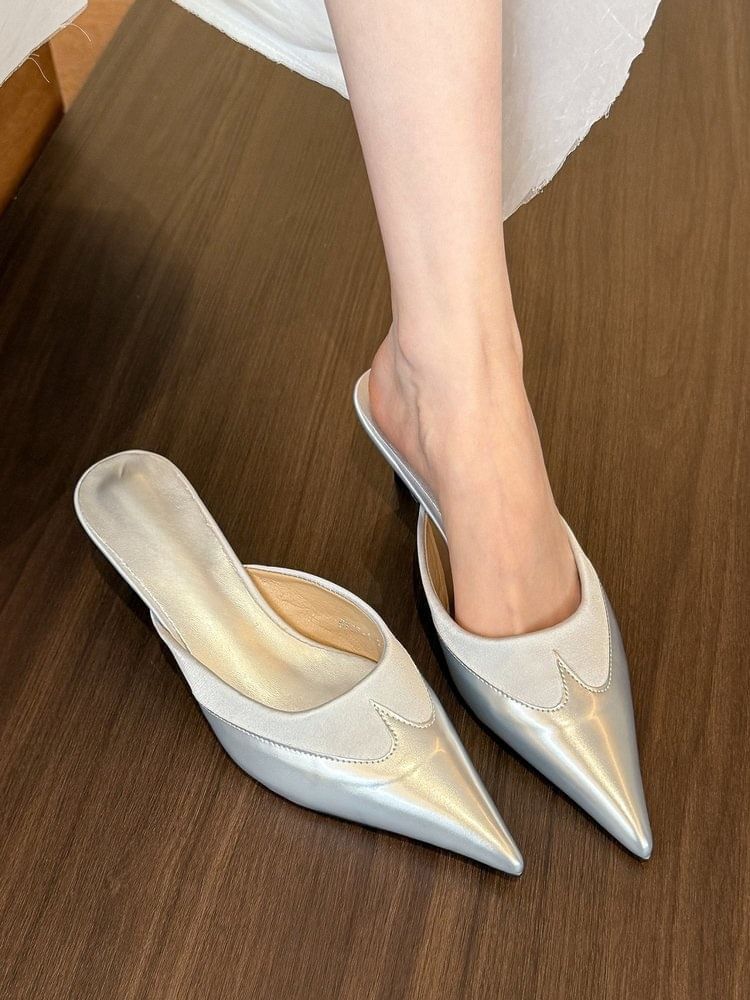Two Kitten Heel Pointed Mules Toe Tone