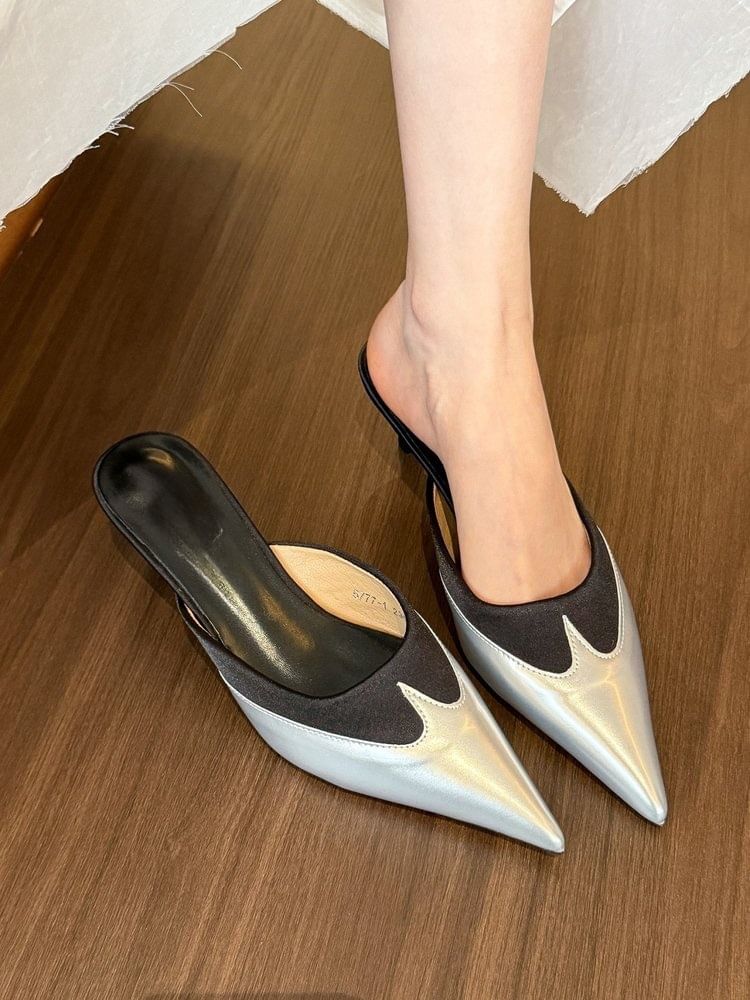 Two Kitten Heel Pointed Mules Toe Tone