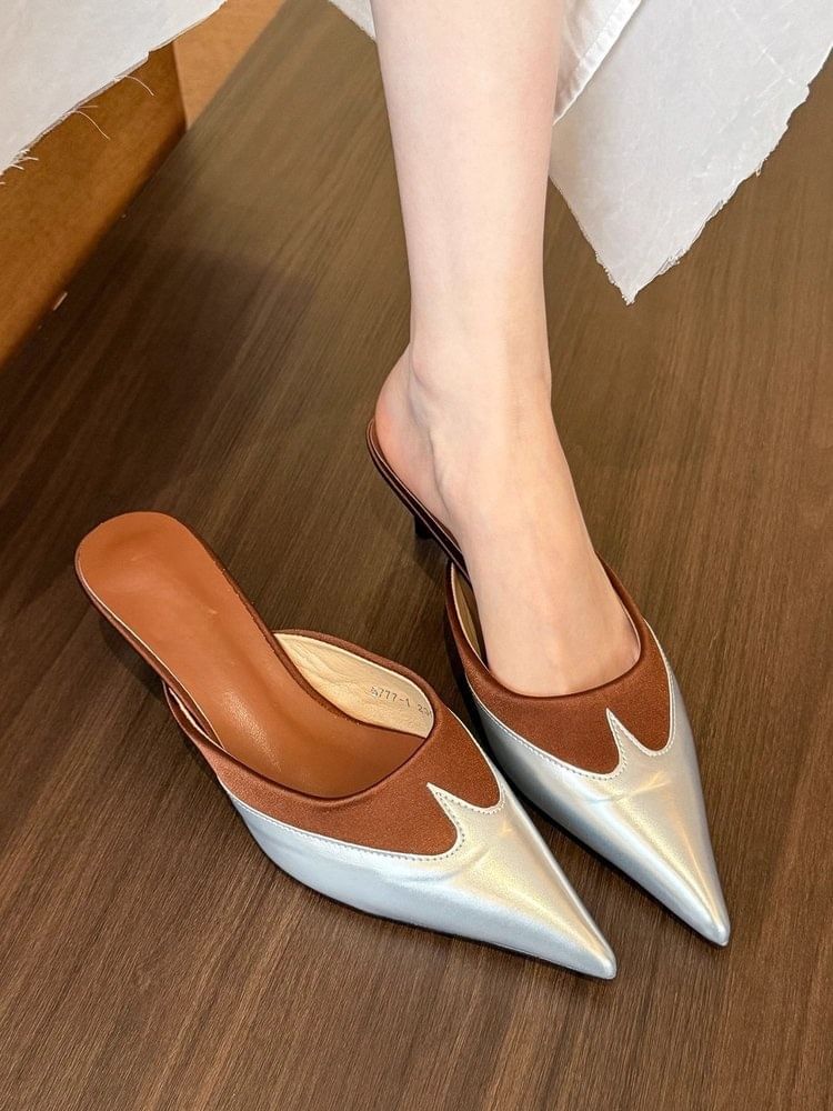 Two Kitten Heel Pointed Mules Toe Tone