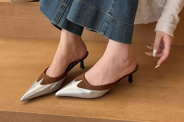 Two Kitten Heel Pointed Mules Toe Tone