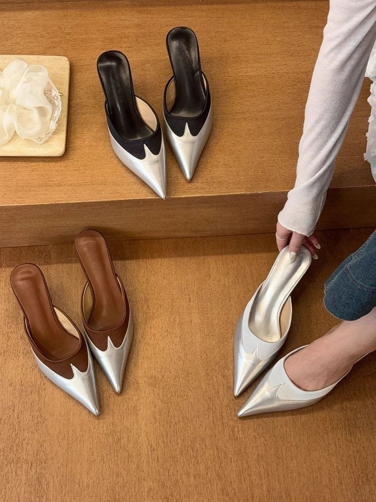 Two Kitten Heel Pointed Mules Toe Tone