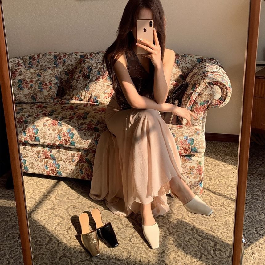 Faux Square Mules Kitten Leather Heel Toe