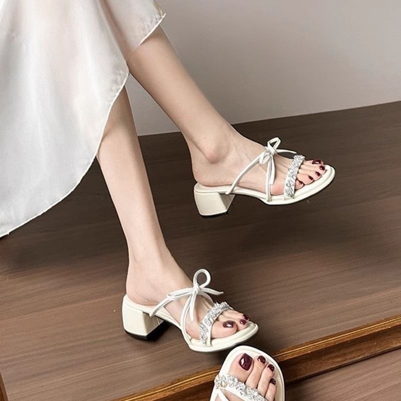 Sandals Bow Chunky Heel Slide Rhinestone
