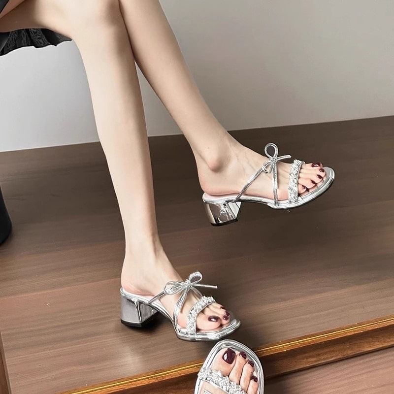 Sandals Bow Chunky Heel Slide Rhinestone