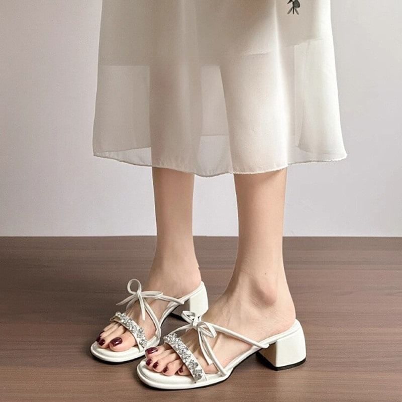 Sandals Bow Chunky Heel Slide Rhinestone