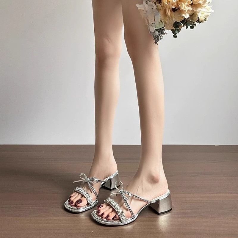 Sandals Bow Chunky Heel Slide Rhinestone
