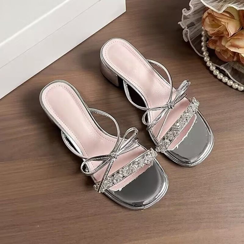 Sandals Bow Chunky Heel Slide Rhinestone