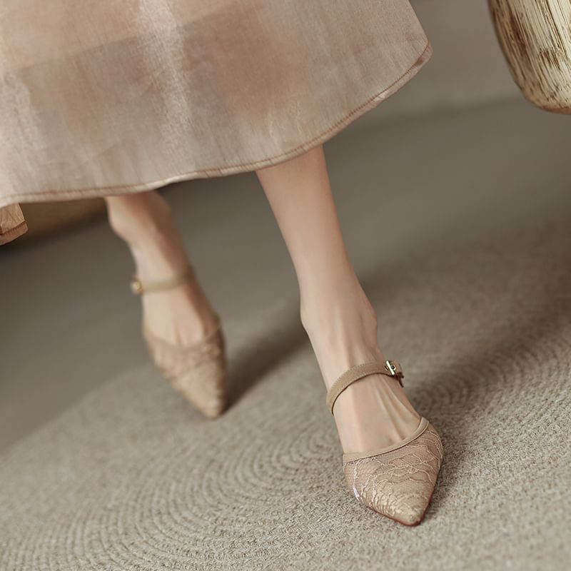 Toe Mesh Pointed Kitten Heel Floral Mules