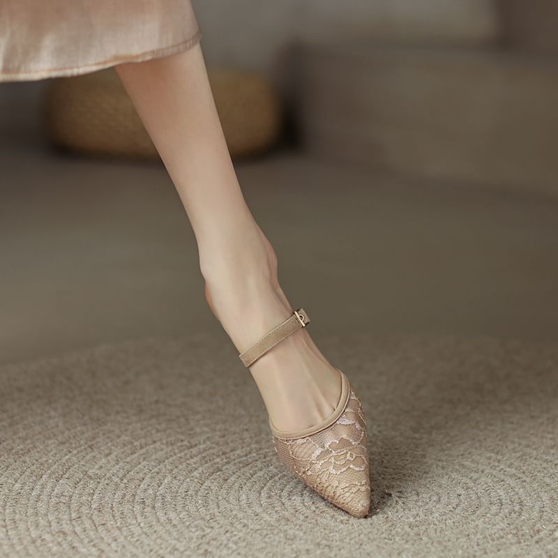 Toe Mesh Pointed Kitten Heel Floral Mules