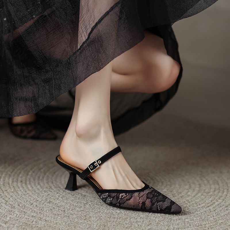 Toe Mesh Pointed Kitten Heel Floral Mules