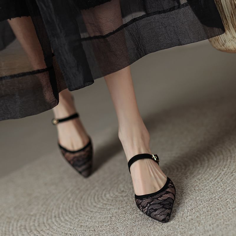 Toe Mesh Pointed Kitten Heel Floral Mules