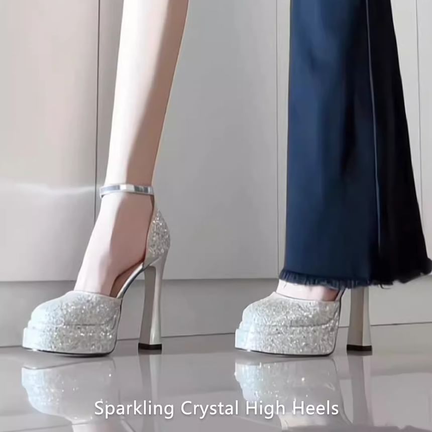 Ankle Platform D'Orsay Pumps Strap Chunky Glitter Heel