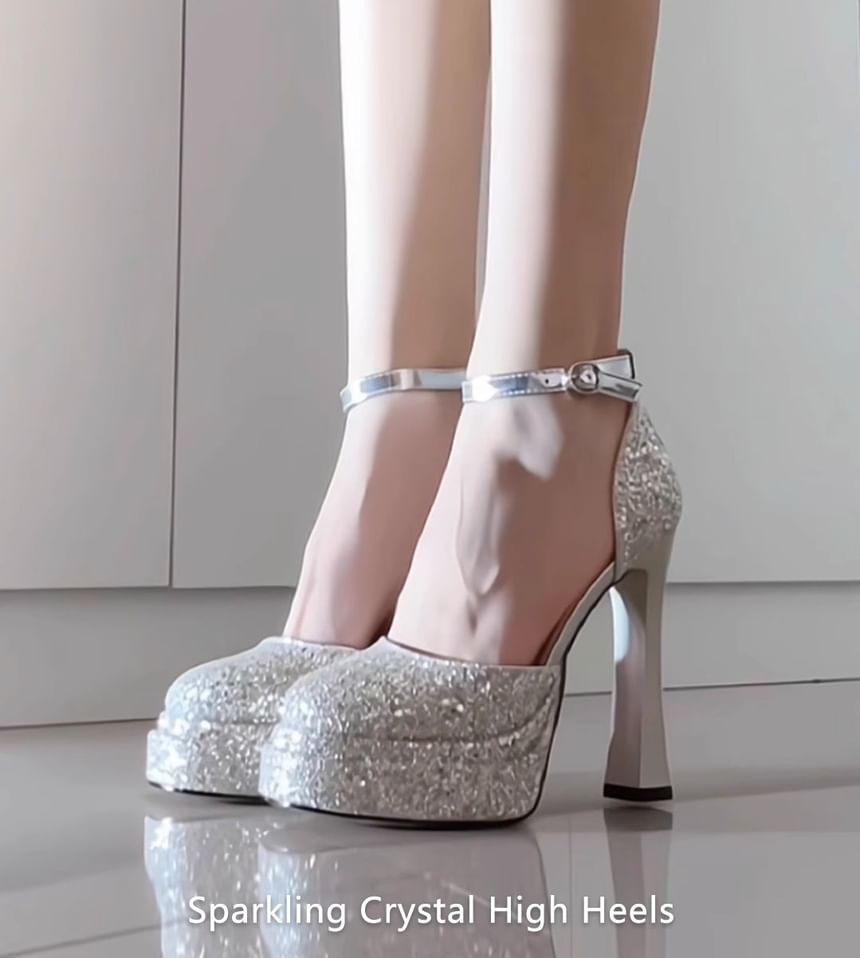 Ankle Platform D'Orsay Pumps Strap Chunky Glitter Heel
