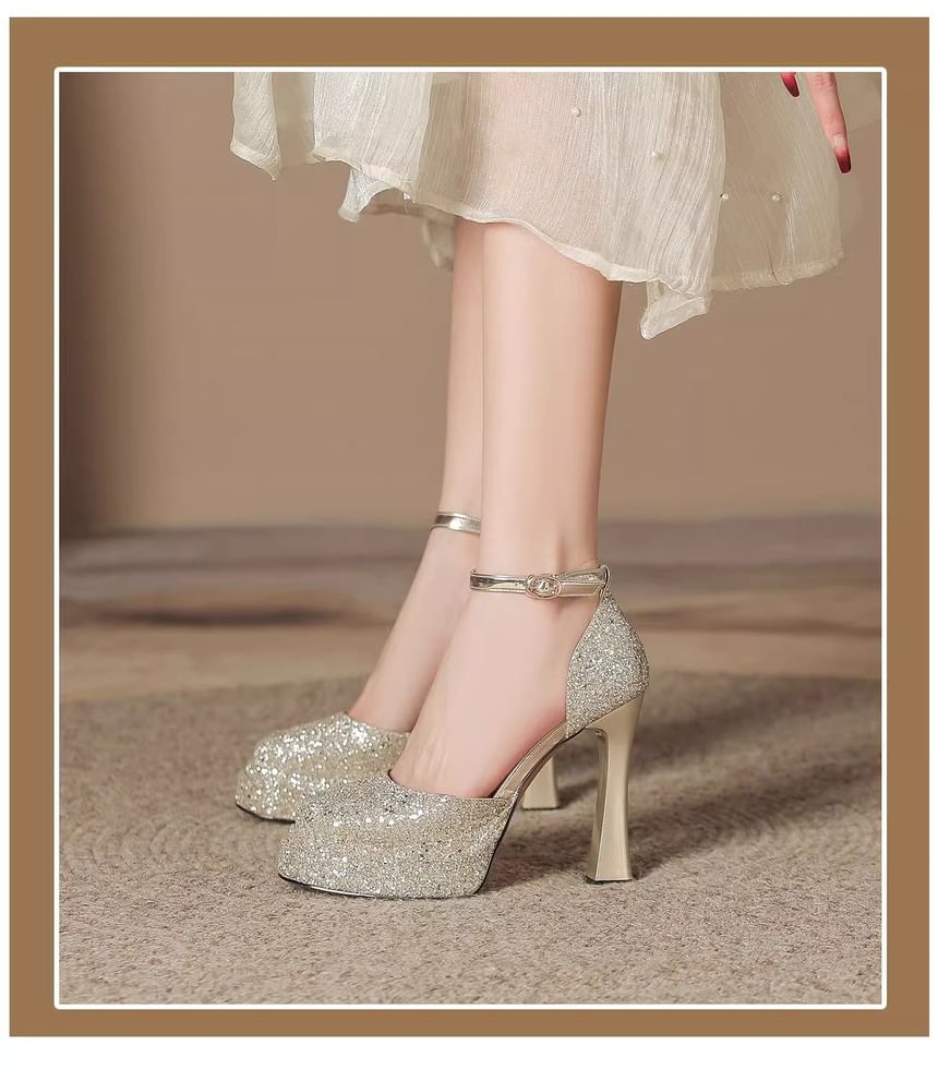Ankle Platform D'Orsay Pumps Strap Chunky Glitter Heel