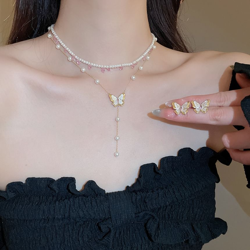 Stud / Earring Layered Pearl Necklace Butterfly Faux