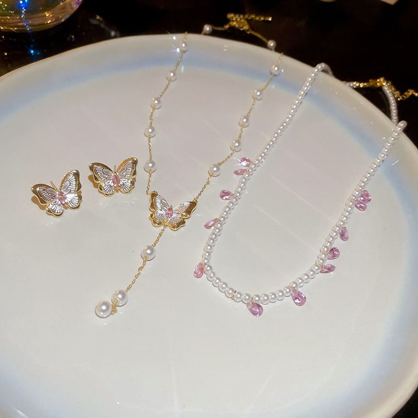 Stud / Earring Layered Pearl Necklace Butterfly Faux