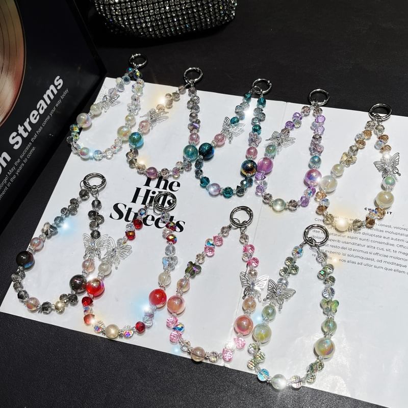 Faux Phone Wrist Strap Beaded Butterfly Crystal