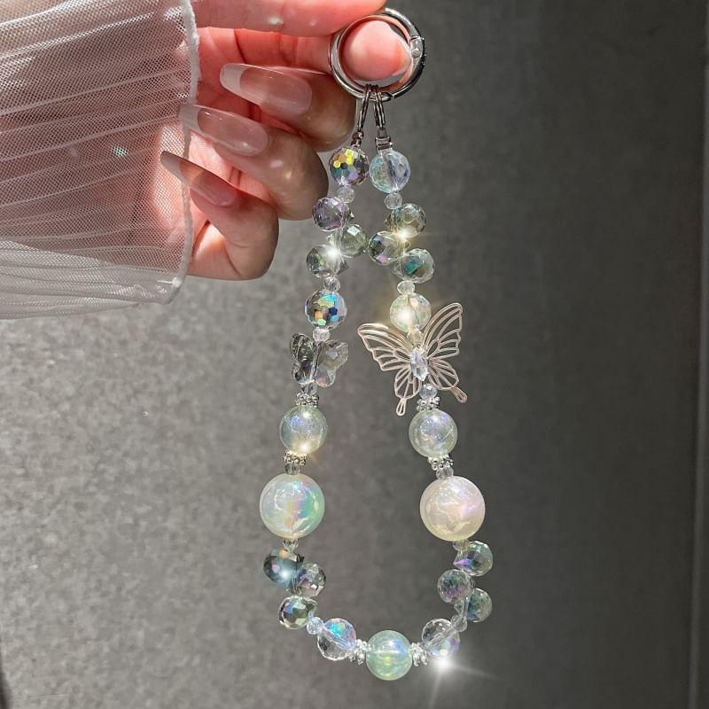 Faux Phone Wrist Strap Beaded Butterfly Crystal
